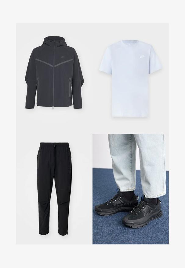 Zwarte Nike-jas met een rits aan de voorkant, capuchon en hoekige naden. Bevat reflecterende accenten en zijzakken met rits. Gemaakt van lichtgewicht stof.; Lichtblauwe katoenen t-shirt met korte mouwen, ronde hals en een wit Nike-logo gedrukt op de linkerborst. Glad textuur, eenvoudig ontwerp.; Zwarte, lichte buitenbroeken met een elastische tailleband en verstelbaar trekkoord. Beschikt over ritszakken en taps toelopende boorden.; Zwarte sportschoenen met gestructureerde stof en rubberen zolen, met elastische veters en een blauwe accent op de hiel. Draag samen met lichte spijkerbroeken.