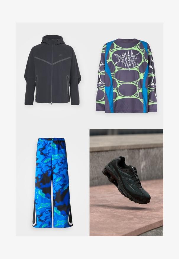 Čierna bunda Nike so zipsom vpredu, kapucňou a uhlovými švami. Má reflexné akcenty a postranné zipsové vrecká. Vyrobená z ľahkého materiálu.; Tričko s dlhým rukávom z hladkej látky, má tmavosivý základ, zelené vzory pripomínajúce bubliny a modré akcenty. Na prednej strane je štýlový biely grafický motív.; Modré a čierne široké nohavice s abstraktným vzorom, s elastickým pásom a zipsovými bočnými vreckami na jednoduchom pozadí.; Čierna atletická teniska s viditeľnou medzipodrážkou s air cushioning, ktorá visí nad ružovým kamenným povrchom s pozadím sivej kamennej steny.