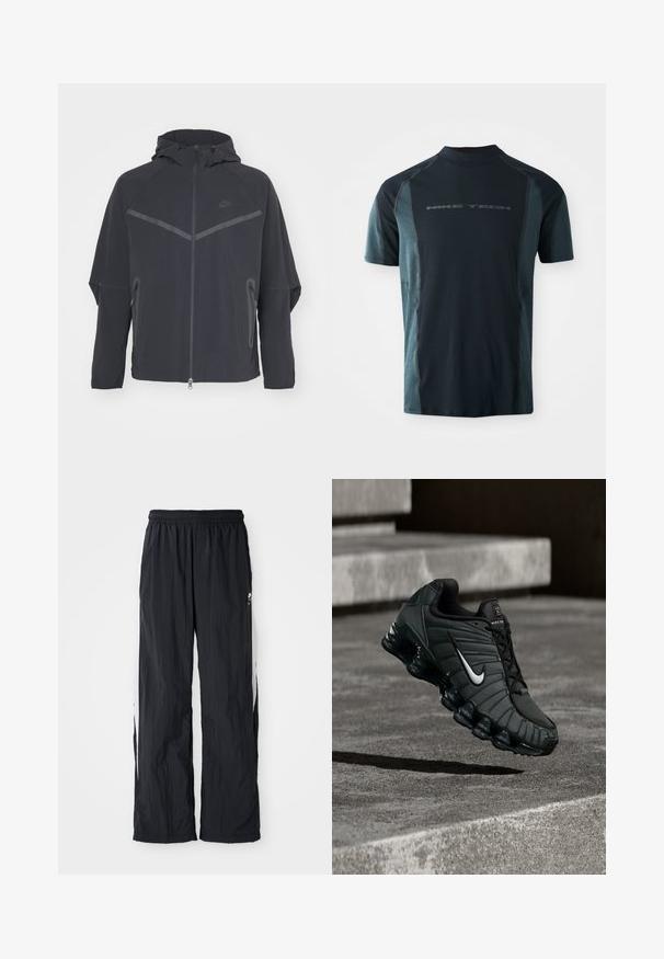Chaqueta negra de Nike con cierre frontal, capucha y costuras angulares. Presenta detalles reflectantes y bolsillos con cremallera en los laterales. Está hecha de un tejido ligero.; Camiseta Nike Tech de manga corta, con un cuerpo en azul marino oscuro y paneles laterales en teal claro, y un cuello alto. Logo impreso en la parte delantera.; Pantalones de chándal negros de nailon con pretina elástica, que presentan paneles laterales blancos y un sutil detalle de logo en la parte frontal.; Zapatilla deportiva Nike en verde oscuro, con un upper sintético suave, textura de malla, cordones negros y una suela brillante con amortiguación de aire.