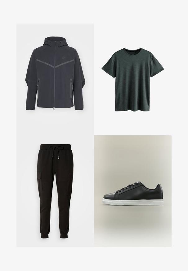 Chaqueta negra de Nike con cierre frontal, capucha y costuras angulares. Presenta detalles reflectantes y bolsillos con cremallera en los laterales. Está hecha de un tejido ligero.; Camiseta gris oscuro hecha de un tejido suave y texturizado. Presenta un clásico cuello redondo y mangas cortas con un sutil patrón. Sin logotipos visibles.; Pantalones de chándal negros con cintura elástica y cordón. Presenta bolsillos tipo cargo a los lados y puños elásticos en los tobillos.; Zapatilla negra baja con suela de goma blanca y cordones negros, mostrada de perfil sobre un fondo beige claro.