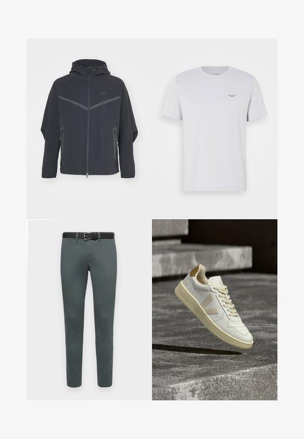 Sort Nike-jakke med lynlås foran, hætte og skrå sømme. Har reflekterende detaljer og sidelommer med lynlås. Fremstillet af letvægtsstof.; Hvid bomulds T-shirt med rund hals, korte ærmer og et lille sort logo på venstre bryst. Glat tekstur og standard pasform.; Grønne bomuldsbukser med slim fit, udstyret med et sort bælte og standard fem-lomme design. Glat tekstur, minimale syninger.; Hvid og beige sneaker med "V-88" på hælen, beige "V" logo og snørebånd, svævende over teksturerede beton trin baggrund.
