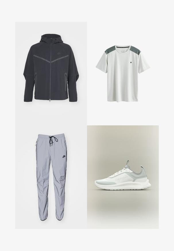 Čierna bunda Nike so zipsom vpredu, kapucňou a uhlovými švami. Má reflexné akcenty a postranné zipsové vrecká. Vyrobená z ľahkého materiálu.; Biele športové tričko s krátkym rukávom, sivými sieťovanými panelmi na ramenách a malým čiernym logom na ľavej strane hrudníka.; Svetlo šedé tepláky vyrobené z hladkej, ľahkej tkaniny s čiernymi akcentmi. Majú elastický pás s šnúrkou a bočné vrecká.; Bielo-sivá nízka teniska Calvin Klein so šnúrkami, ťahacími pútkami na jazyku a päte a hrubou textúrovanou podrážkou.