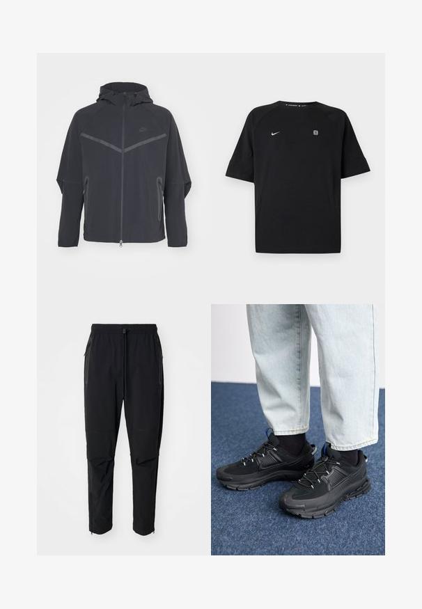 Schwarze Nike-Jacke mit durchgehendem Reißverschluss, Kapuze und asymmetrischen Nähten. Verfügt über reflektierende Akzente und seitliche Reißverschlusstaschen. Aus leichtem Material gefertigt.; Schwarzes Nike-Sportshirt mit kurzen Ärmeln, weißem Swoosh-Logo auf der linken Brust und kleinem quadratischem Emblem auf der rechten Brust, einfarbiger Hintergrund.; Schwarze, leichte outdoor Hosen mit elastischem Bund und verstellbarem Zugschnur. Ausgestattet mit Reißverschlusstaschen und tapered Bündchen.; Schwarze Sportschuhe aus strukturiertem Stoff mit Gummisohlen, ausgestattet mit elastischen Schnürsenkeln und einem blauen Akzent an der Ferse. Getragen mit hellen Jeans.