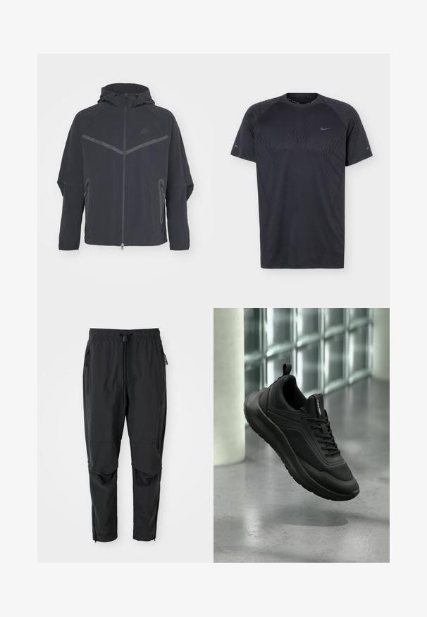 Čierna bunda Nike so zipsom vpredu, kapucňou a uhlovými švami. Má reflexné akcenty a postranné zipsové vrecká. Vyrobená z ľahkého materiálu.; Čierne športové tričko s krátkym rukávom so subtílnym vzorom a malým modrým logom Nike Swoosh na hrudi a rukávoch, zobrazené na jednofarebnom pozadí.; Čierne ľahké nohavice s elastickým pásom, sťahovacou šnúrkou, bočnými vreckami na zips, vystuženými kolenami a zipsami na členkoch.; Čierna teniska Calvin Klein s panelmi z oka a plného materiálu, šnúrkami a sťahovacou slučkou, vznášajúca sa nad leštenou betónovou podlahou pri sklenených tehličkách.