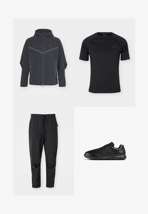 Čierna bunda Nike so zipsom vpredu, kapucňou a uhlovými švami. Má reflexné akcenty a postranné zipsové vrecká. Vyrobená z ľahkého materiálu.; Čierne športové tričko s krátkym rukávom a okrúhlym výstrihom s malým logom na ľavej strane hrude, zobrazené na jednoduchom svetlom pozadí.; Čierne ľahké nohavice s elastickým pásom, sťahovacou šnúrkou, bočnými vreckami na zips, vystuženými kolenami a zipsami na členkoch.; Čierna kožená teniska s nízkym strihom a šnúrkami, textúrovaná podrážka a jemné označenie na boku a päte, zobrazená v bočnom pohľade na bielom pozadí.