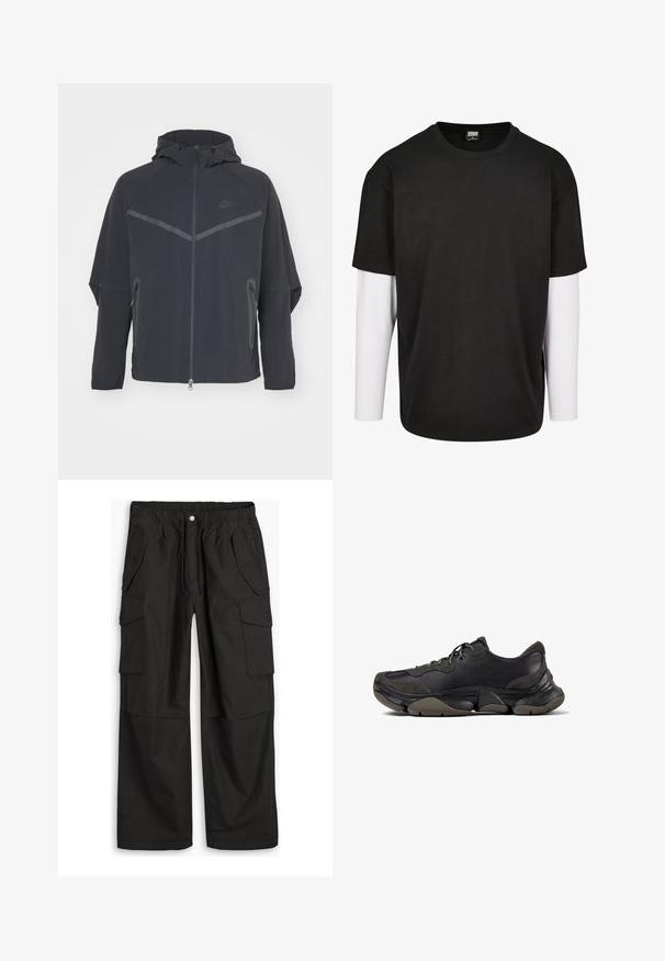 Musta Nike-takki, jossa on vetoketju edessä, huppu ja kulmikkaat saumat. Varustettu heijastavilla yksityiskohdilla ja sivuilla vetoketjulliset taskut. Valmistettu kevyestä kankaasta.; Mustat lyhyet hiharat t-paita, jossa valkoinen pitkähihainen kerros alla. Valmistettu puuvillasta, jossa on pyöreä kaula-aukko ja rento istuvuus.; Mustat cargo-housut, joissa on joustava vyötärö, nappi- ja vetoketjukiinnitys sekä useita läpänappeja edessä ja sivuilla.; Musta urheilukengät, joissa on tekstuuripohja, nahasta ja mokasta valmistettu päällinen, pehmustettu nilkka, ja nauhakiinnitys, esitetty sivuprofiilissa.