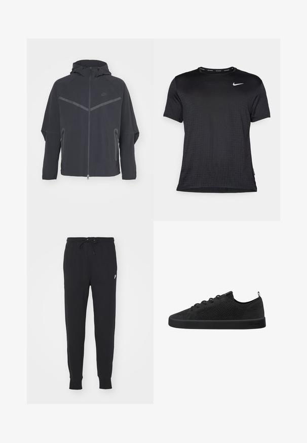 Zwarte Nike-jas met een rits aan de voorkant, capuchon en hoekige naden. Bevat reflecterende accenten en zijzakken met rits. Gemaakt van lichtgewicht stof.; Zwart atletisch shirt met korte mouwen, voorzien van een ronde hals, ademende stof, een subtiel verhoogd stippenpatroon en een klein wit Nike-logo op de borst.; Zwarte joggingbroek van een katoenmix, met een verstelbare tailleband, taps toelopende pijpen en een klein wit logo aan de voorkant.; Zwarte, gebreide sneakers met een mesh ontwerp, platte rubberen zool en zes veterogen. Voorzien van een subtiele logo-accent op de tong en hiel.