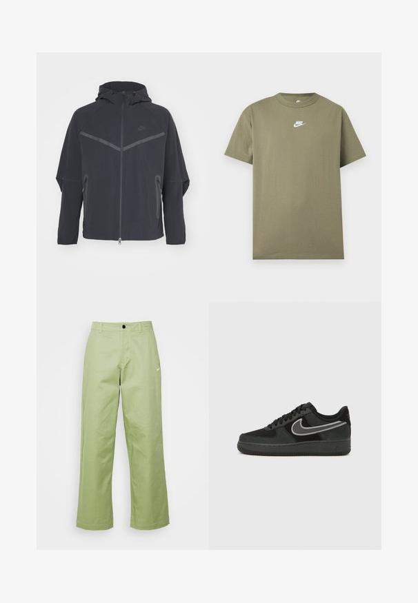 Musta Nike-takki, jossa on vetoketju edessä, huppu ja kulmikkaat saumat. Varustettu heijastavilla yksityiskohdilla ja sivuilla vetoketjulliset taskut. Valmistettu kevyestä kankaasta.; Tummanoliivinvihreä lyhythihainen Nike-paita pyöreällä pääntiellä ja valkoisella logolla rinnassa, yksivärisen vaaleanharmaan taustan päällä.; Vaaleanvihreät leveät housut, jotka on valmistettu sileästä kankaasta ja joissa on nappisuljenta. Edessä on pieni Nike-logo.; Nike Air Force 1 -tennnari mustaa mokkaa ja nahkaa, jossa on hopeanvärinen swoosh-logo, pyöreä kärki, nauhallinen malli ja kuvioitu kumipohja.