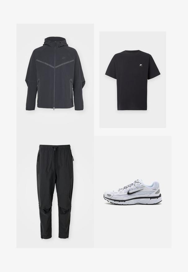 Musta Nike-takki, jossa on vetoketju edessä, huppu ja kulmikkaat saumat. Varustettu heijastavilla yksityiskohdilla ja sivuilla vetoketjulliset taskut. Valmistettu kevyestä kankaasta.; Musta lyhythihainen Nike Air -t-paita pyöreällä pääntiellä ja pienellä valkoisella logolla vasemmassa rinnassa.; Musta kevyet housut, joissa on elastinen vyötärö, nyöri, vetoketjulliset sivutaskut, artikuloidut polvet ja nilkkavetoketjut.; Valkoiset juoksukengät, joissa on verkkomateriaali yläosassa, pyöristetty kärki, mustat yksityiskohdat ja kuvioitu pohja. Varustettu nauhoilla ja brändäyksellä sivussa.