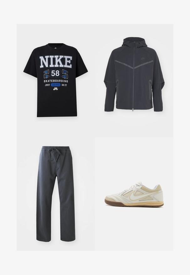 Musta Nike-takki, jossa on vetoketju edessä, huppu ja kulmikkaat saumat. Varustettu heijastavilla yksityiskohdilla ja sivuilla vetoketjulliset taskut. Valmistettu kevyestä kankaasta.; Mustat puuvillapaidat, joissa on voimakkaat valkoiset ja siniset tekstit, grafiikat "Nike 58 Skeittaus", pyöreä kaula-aukko ja lyhyet hihat.; Mustat, joustavalla vyötäröllä varustetut housut, joissa on nauhavyö, suoran lahje muotoilun ja sileän pinnan. Ei näkyviä taskuja tai kuvioita.; Valkoinen urheilukengät, joissa on teksturoitu päällinen, harmaat yksityiskohdat, nauhallinen muotoilu ja vaaleanruskea kumipohja. Sivussa on erottuva logo.