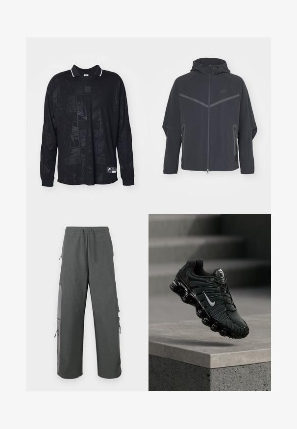 Musta Nike jakk, millel on tõmblukk, kapuuts ja nurksed õmblused. Omab peegeldavaid detaile ja külgpaneelide tõmblukke. Valmistatud kergest kangast.; Pikend varrukatega must polo-särk, millel on tekstuurne muster, valge kontrastsusega krae ja Nike'i logo silti vasakus alumises nurgas.; Tumedat hallid vabaaja tööpüksid elastse vöökohaga, paelaga, küljetaskutega ja võrkkangasdetailidega, mis on lõdva ja mugava istuvusega.; Must ja tumehall Nike jooksujalats, millel on valge Swooshi logo, ripub betoonist serva kohal ning taustal on trepid.