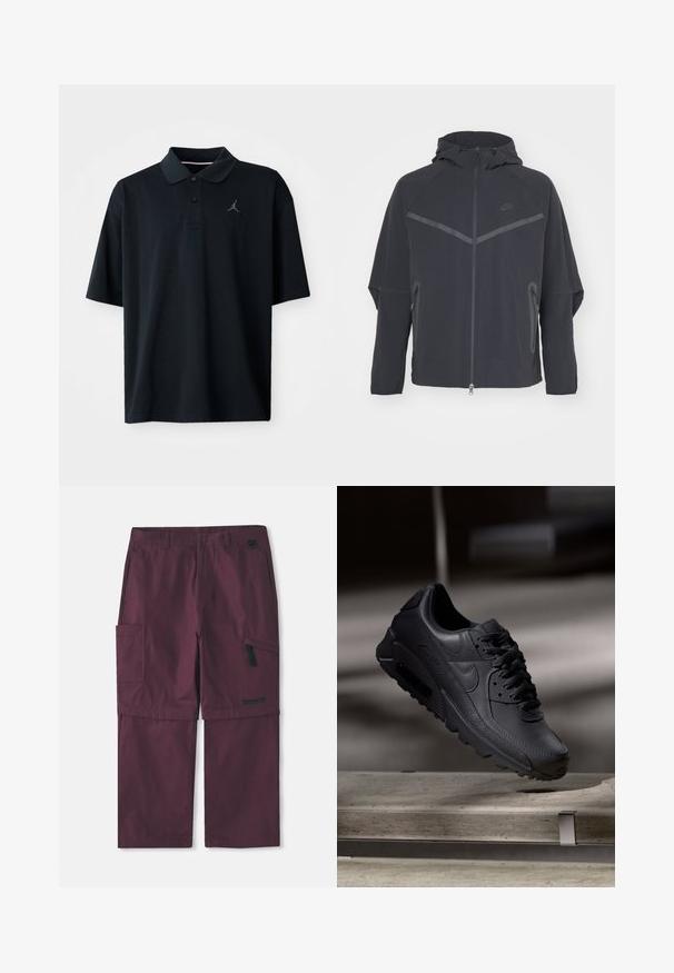 Musta Nike-takki, jossa on vetoketju edessä, huppu ja kulmikkaat saumat. Varustettu heijastavilla yksityiskohdilla ja sivuilla vetoketjulliset taskut. Valmistettu kevyestä kankaasta.; Mustapaita, joka on valmistettu sileästä kankaasta, jossa on kaulus, lyhyet hihat ja vasemmassa rinnassa pieni harmaa Jordan-logo brodeerattuna.; Burgundin väriset cargo-mekon muunneltavat housut, joissa on sivun vetoketjullinen tasku ja Timberlandin logo oikeassa lahkeessa, pidennetty sisäsauma näkyvissä.; Mustat Nike Air Max -lenkkarit, joissa on teksturoidusta nahasta valmistettu päällinen, kumipohja ja näyttävä nauhoitusjärjestelmä, joka korostaa tyylikästä ja modernia muotoilua.