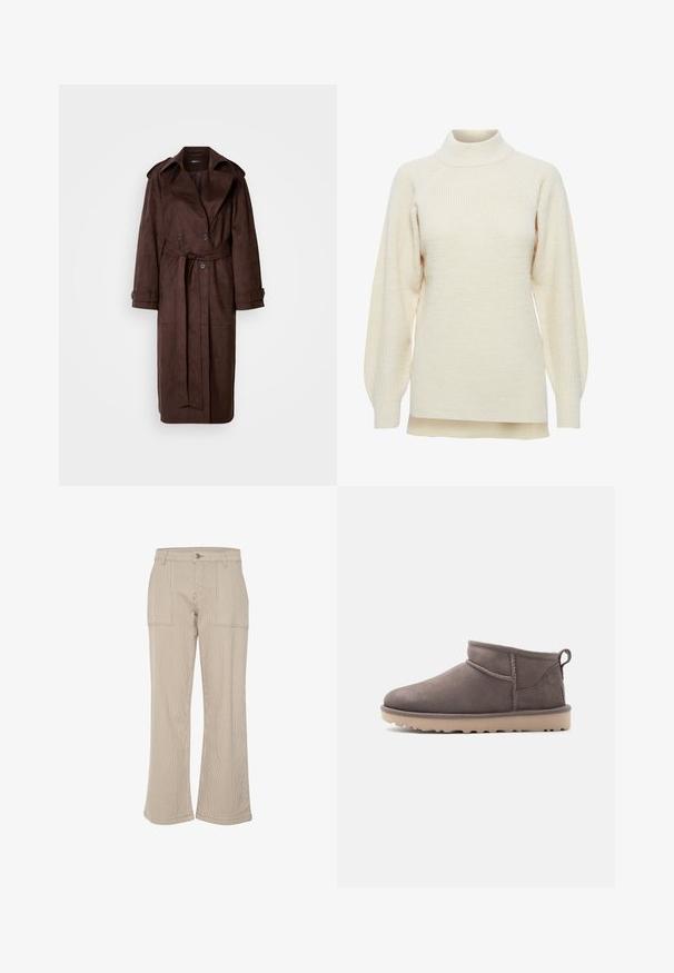 Pruunist nahast trench coat, topelt rinnaosaga, suure kraega, vööga ja küljetaskutega. Omab nööpidega varrukaotsasid ja sileda tekstuuri.; Kreemikasvärvi kõrge kaelusega sviiter, ribatekstuuriga, langevate õlgadega disain ja pikkade balloonvarrukatega. Omab veidi pikendatud lõpposa.; Beževi kašmíra laiad püksid vertikaalsete triipudega, millel on kaks eesmist taskut ja ühe haaknupuga sulgemine. Pehme tekstuur ja mugav lõige.; Madalda kannaga pruun seemisnahast mugav jalanõu tekstuurse tallaga ja tõmbelindi külje peal ühtlasel taustal.