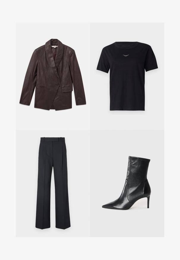 Bordový kožený blazer s textúrovaným povrchom, širokým šálovým golierom, jedným gombíkom a dvoma prednými vreckami. Minimalistický dizajn.; Čierne bavlnené tričko s okrúhlym výstrihom, krátkymi rukávmi a diskrétnym, textúrovaným logom v striebre na hrudi. Hladký povrch materiálu.; Tmavomodré pruhované nohavice s vysokým pásom, širokými nohavicami a bez viditeľného hardvéru alebo ozdôb. Hladká textúra a prispôsobený strih.; Čierne kotníkové topánky vyrobené z hladkej kože, s špicatou špičkou, priliehavým zvrškom aúzkym vysokým podpätkom. Minimalistický dizajn bez viditeľného kovania.