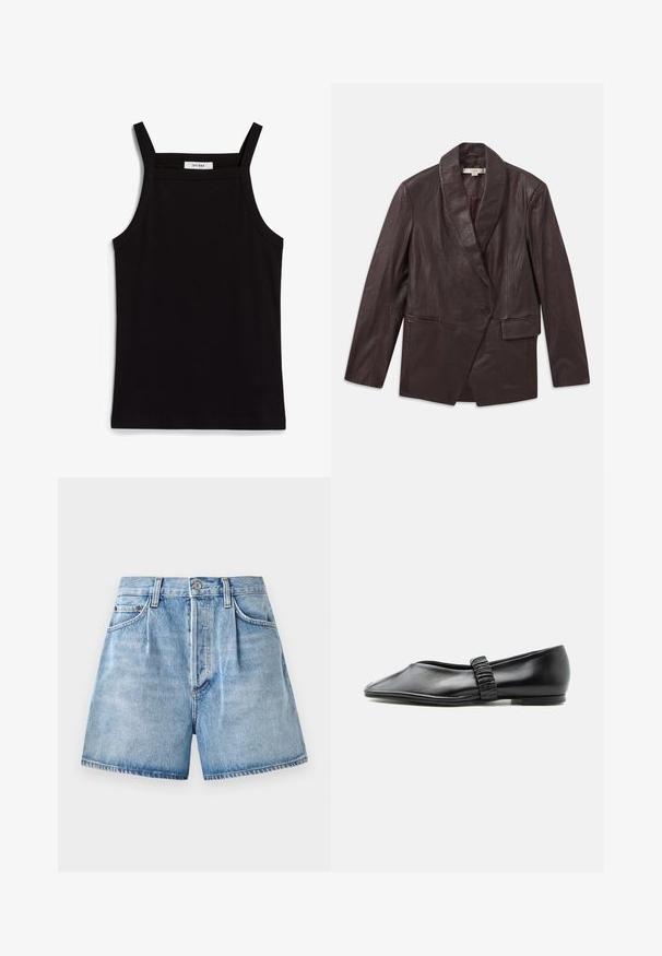 Bordeaux leren blazer met een gestructureerde afwerking, brede sjaalkraag, één-knops sluiting en twee voorzakken. Minimalistisch ontwerp.; Zwarte tanktop met dunne spaghettibandjes, gemaakt van ribstof, met een rechte snit en een label op de hals dat "IVY OAK" zegt.; Lichtblauwe denim korte broek met een hoge taille, voorzien van een knoop- en ritssluiting, voorzakken en een ruwe zoom.; Zwarte leren platte schoen met een geplooide band over de bovenkant en een licht puntige neus, afgebeeld tegen een effen achtergrond.