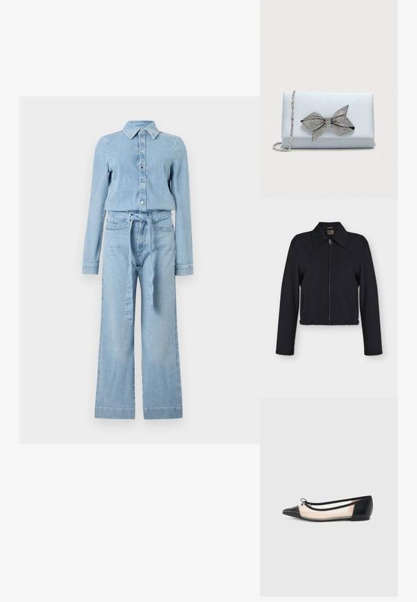 Veste noire à manches longues avec fermeture éclair devant, col, poches latérales et bas élastiqué.; Combinaison en denim bleu clair à manches longues, fermeture boutonnée sur le devant, col pointu, jambes larges, et ceinture en tissu assorti nouée à la taille.; Ballerine plate noire à bout pointu, côtés beiges translucides, bordure noire et petit nœud sur le dessus.; Pochette en satin bleu clair avec une chaîne en argent et un grand nœud en strass sur le rabat avant.