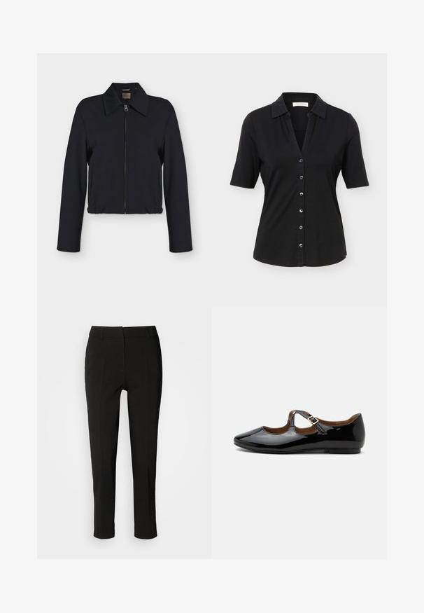 Veste noire à manches longues avec fermeture éclair devant, col, poches latérales et bas élastiqué.; Chemise noire à manches courtes avec col, six boutons sur le devant, et une silhouette légèrement cintrée.; Pantalons noirs ajustés avec une coupe slim, devant plat et sans poches visibles, offrant une texture lisse et une finition soignée au bas.; Chaussure plate Mary Jane en cuir verni noir avec deux découpes et une bride à boucle dorée sur fond blanc.