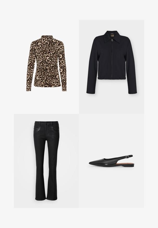 Zwarte jas met lange mouwen, ritssluiting aan de voorkant, kraag, zijzakken en elastische zoom.; Langsleeve top met een hoge kraag, luipaardprint in bruine en beige tinten, met geplooide details aan de voorkant voor vormgeving.; Zwarte uitlopende jeans van denim, met twee voorzakken, een ritssluiting en subtiele stikseldetails langs de naden.; Zwarte leren slingback schoen met een spitse neus, subtiele glans en een verstelbare enkelband. Platte hak met een brown inlegzool.