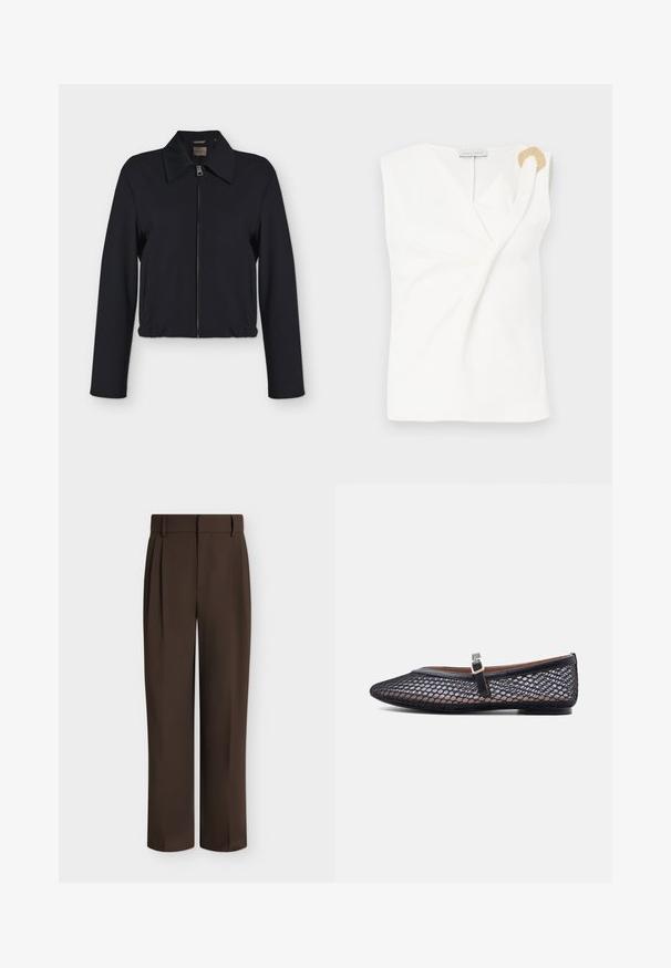 Veste noire à manches longues avec fermeture éclair devant, col, poches latérales et bas élastiqué.; Blouse sans manches blanche avec un design croisé, présentant un détail décoratif en forme d'anneau doré sur l'épaule droite.; Pantalon formel coupe droite marron foncé avec passants de ceinture et plis à l'avant, présenté sur un fond clair uni.; Chaussure plate Mary Jane en mesh noir avec un bout arrondi, une fine bride et une boucle dorée sur fond blanc.