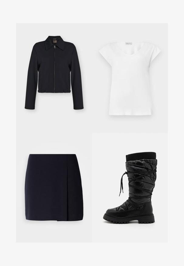 Zwarte jas met lange mouwen, ritssluiting aan de voorkant, kraag, zijzakken en elastische zoom.; Witte blouse met korte mouwen, een ronde hals en een klein merketiket vlakbij de kraag.; Een zwarte minirok met een rechte pasvorm, gemaakt van zacht stof, voorzien van een zijplooitje voor extra detail en een nette zoom.; Zwarte kniehoge laarzen met een gequilt textuur, voorzien van een vetersluiting, een contrasterende geribbelde bovenrand en een dikke, robuuste zool.