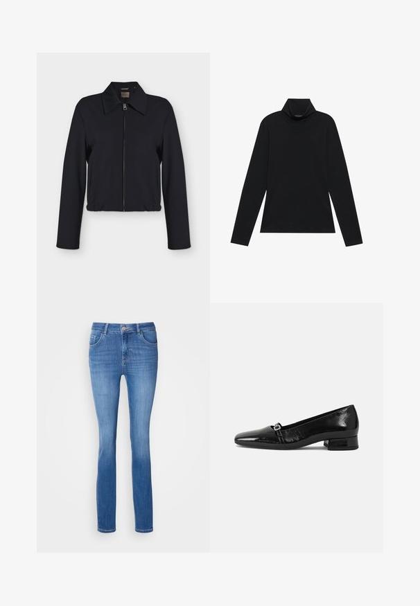 Schwarze langärmelige Jacke mit Reißverschluss vorne, Kragen, Seitentaschen und elastischem Bund.; Schwarzes langärmeliges Rollkragenshirt. Weicher Stoff, enganliegendes Design, hoher Kragen und seitliche Nähte. Schlichter und vielseitiger Stil, der sich gut für das Layering eignet.; Blaue Jeans mit schlankem Schnitt, fünf Taschen und einem dezenten, verwaschenen Muster. Hergestellt aus weichem, dehnbaren Stoff, mit einem klassischen Knopfverschluss.; Schwarze Lackleder-Ballettschuhe mit spitzem Zehenbereich, niedrigem quadratischem Absatz und einem kleinen metallischen Schnallenakzent am Riemen. Glatte Textur.