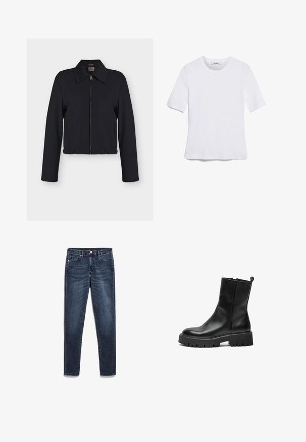 Schwarze langärmelige Jacke mit Reißverschluss vorne, Kragen, Seitentaschen und elastischem Bund.; Weißes kurzärmliges T-Shirt aus geripptem Stoff. Runder Halsausschnitt, normale Passform und dezente Nähte. Keine Muster oder Grafiken.; Dunkelblaue Denim-Jeans im Slim-Fit-Schnitt mit Reißverschluss, fünf Taschen und subtilen Ausbleichungen im gesamten Stoff.; Schwarzer Lederknöchelstiefel mit einer massiven Gummisohle, abgerundeter Spitze und einem Zugtab am Rücken für einfaches Anziehen. Glatte Textur, minimalistisches Design.