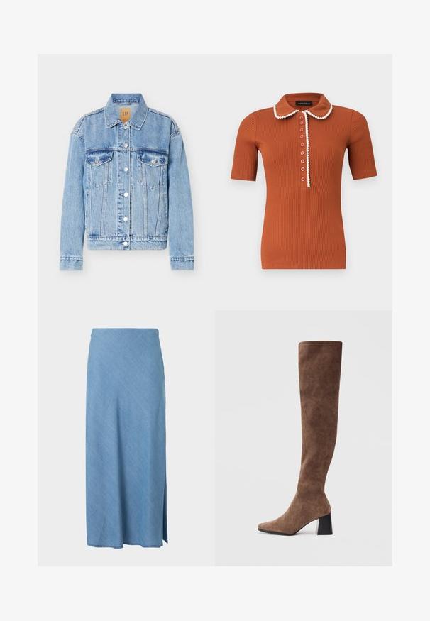 Lyseblå denimjakke med knapper foran, to brystlommer med klap, klassisk krave og lange ærmer.; Kortærmet polo i rustfarvet ribbet stof med rundet krave og syv knapper, med hvid kant langs kraven og knapstolpen.; Lyseblå midi-nederdel med lige snit og lille sideslids, lavet af blødt stof.; Brune støvler over knæet lavet af blødt ruskind med spids tå og en kraftig sort hæl. Designet har sømløs syning for et elegant udseende.