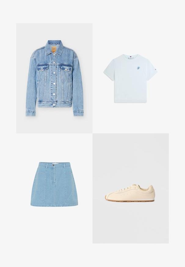 Hellblaue Jeansjacke mit Knopfleiste vorne, zwei Brusttaschen mit Klappe, klassischem Kragen und langen Ärmeln.; Weißes T-Shirt mit kurzen Ärmeln und Rundhalsausschnitt, mit kleinem blauem Logo auf der linken Brust und einem kleinen Fahnen-Detail am linken Ärmel.; Helles blaues Jeansrock mit hohem Bund, vorderen Taschen und dezenten Paneeldetails, versehen mit einem silbernen Knopfverschluss.; Beige Sneaker aus glattem Leder mit runder Zehenpartie, flacher Gummisohle und minimalistischem Design, das subtile Nähte und Perforationen aufweist.
