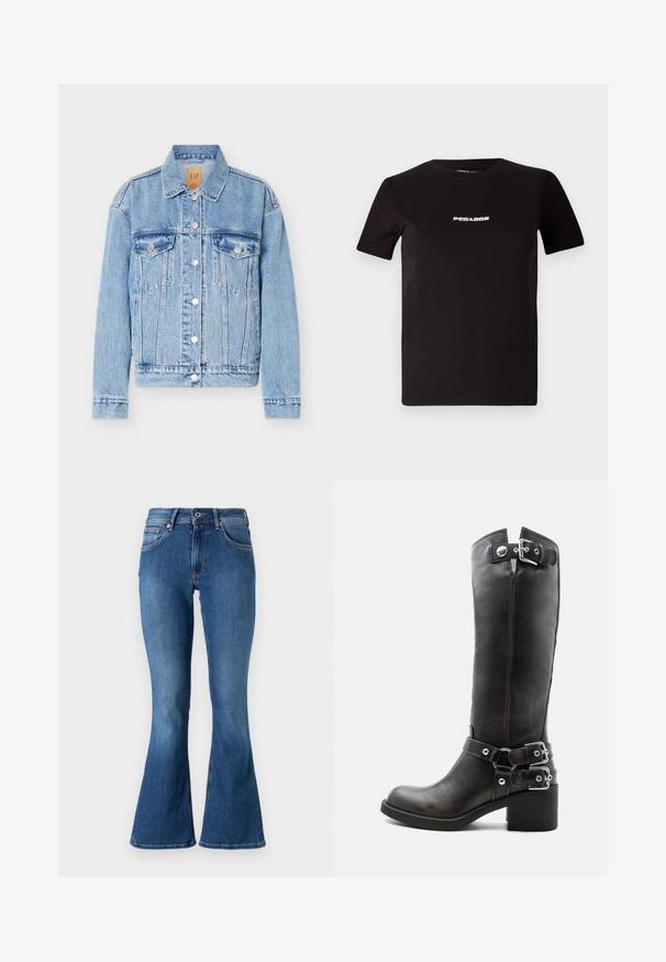 Lyseblå denimjakke med knapper foran, to brystlommer med klap, klassisk krave og lange ærmer.; Sort bomulds T-shirt med rund hals og korte ærmer, med hvid tekst der står "PEGADOR" på forsiden. Glat tekstur.; Bredde blå denim jeans med en mellemhøj talje, der har fem lommer, en knaplukning og diskret falmning langs benene.; Høj sort læderstøvle med chunky hæl og tre justerbare sølvspænder på skaftet og anklen.