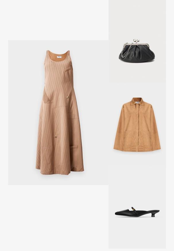 Veste en daim marron clair avec col classique, boutons cachés sur le devant, manches longues et deux poches avant plaquées.; Robe marron à rayures avec une coupe décontractée, dotée d'un décolleté en forme de bateau, de poches latérales et de détails en boutons. Fabriquée à partir d'un tissu doux.; Mule noire à bout pointu avec petit talon kitten et fine bride sur le cou-de-pied ornée d’un petit bouton doré.; Porte-monnaie en cuir noir avec texture froncée, cadre en métal argenté, fermeture à verrouillage kiss-lock et bandoulière en chaîne. Surface lisse et douce.