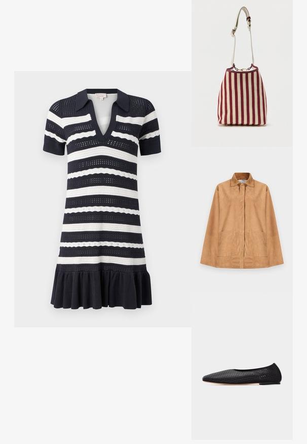 Valgepruun seemisnahast jope klassikalise kraega, varjatud esinööbitustega, pikkade varrukatega ja kahe ees oleva taskuga laiendusega.; Cinq à Sept CLEMENTINE DRESS - Päevakleit - navy/ivory; Must nahast perforatsioonidega baleriinikingad terava ninaga ja madala kontsaga, esitatud külgprofiilis valgel taustal.; Õlakott punaste ja beežide vertikaalsete triipudega, kuldsete detailide ja reguleeritava punutud detailiga kreemja rihmaga.