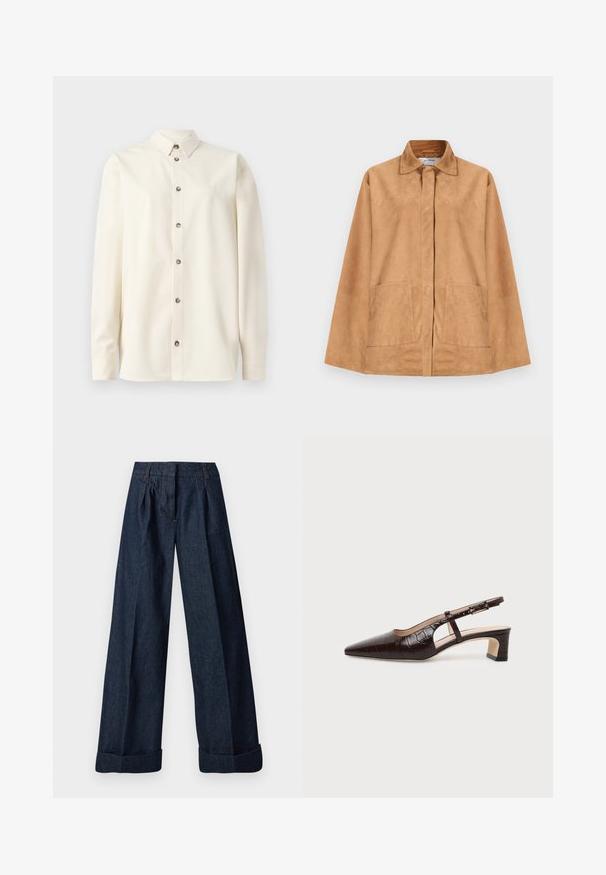 Chaqueta de ante marrón claro con cuello clásico, botones delanteros ocultos, mangas largas y dos bolsillos delanteros de parche.; Soulland DAMON SHIRT - Blusa - white; Pantalones vaqueros de mezclilla oscura de pierna ancha con plisados delanteros y dobladillos remangados, exhibidos extendidos sobre un fondo blanco.; Zapato slingback de cuero con textura de cocodrilo en marrón oscuro, puntera puntiaguda, tacón bajo de bloque y correa ajustable con hebilla dorada.