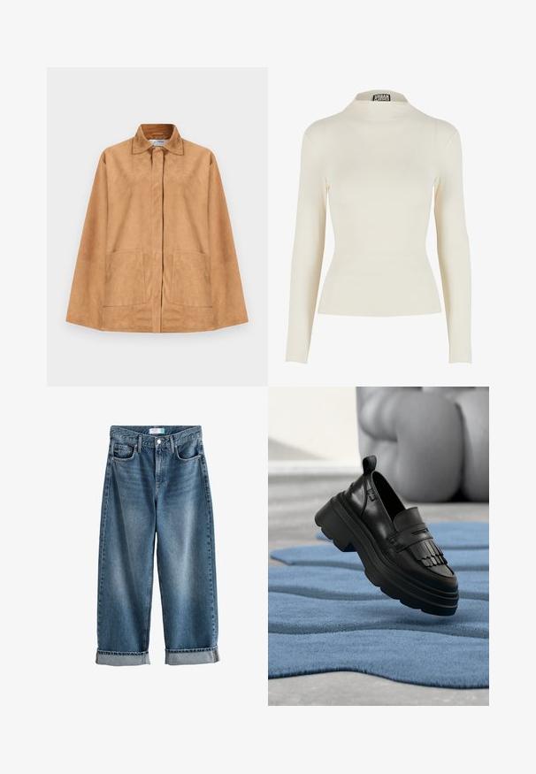 Hellbraune Wildlederjacke mit klassischem Kragen, verdeckten Vorderknöpfen, langen Ärmeln und zwei aufgesetzten Vorderentaschen.; Cremefarbener Langarmshirt mit figurbetontem Schnitt, hohem Kragen und elastischem Material. Verfügt über eine glatte Textur und minimale Nahtdetails.; Next BOYFRIEND TURN UP - Jeans Straight Leg - mid blue; Schwarzer Leder-Schlupfschuh mit Fransenakzent, dicker Sohle und strukturierter Oberfläche, vor einem blauen, strukturierten Teppich platziert.
