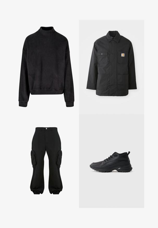 Veste de travail noire en tissu durable, avec un col, fermeture à boutons sur le devant, deux grandes poches et un patch logo sur la poitrine.; Sweat-shirt noir avec un col montant, des manches longues et une coupe décontractée. Fabriqué dans un tissu doux avec une texture lisse et des poignets à rayures.; Pantalons cargo noirs avec une coupe décontractée, dotés de deux poches cargo latérales, de poignets élastiques aux chevilles et d'une fermeture à bouton à la taille.; Chaussures de sport noires en matériau synthétique. Dotées d'un col rembourré, d'un embout rond, d'une semelle extérieure robuste avec traction, et d'un détail avec le logo de la marque.