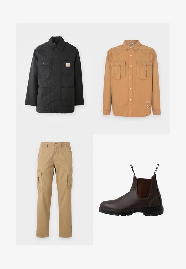 Veste de travail noire en tissu durable, avec un col, fermeture à boutons sur le devant, deux grandes poches et un patch logo sur la poitrine.; Chemise en denim marron avec deux poches poitrine, col pointu, devant boutonné et coutures contrastées. Présente un patch logo et un détail boucle.; Pantalons cargo beiges avec deux poches latérales, une fermeture par bouton, un design droit et un tissu doux et texturé.; Botte Chelsea en cuir marron avec panneau latéral élastique, coutures marron, languettes de tirage, et une semelle en caoutchouc durable avec un motif texturé.