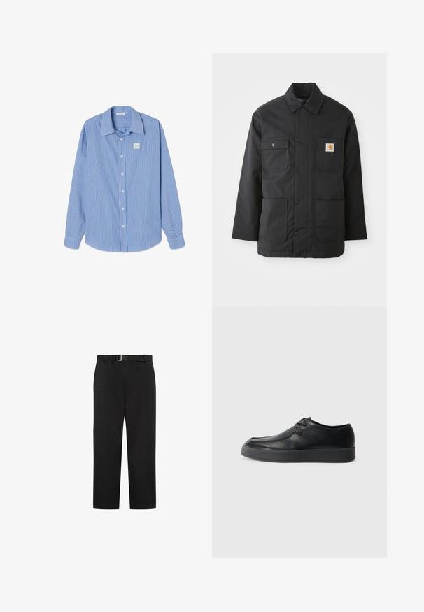 Sort arbejdsjakke lavet af slidstærkt stof, med krave, frontknaplukning, to store lommer og et logo-patch på brystet.; Blå og hvide lodrette stribede skjorte med lange ærmer, spids krave, knapper foran og et lille firkantet logo på venstre bryst.; Sorte bukser med lige ben med elastisk talje og integreret justerbart bælte, forlommer og subtile sømdetaljer.; Calvin Klein HYBRID CUP WALLABEE - Business sko - triple black