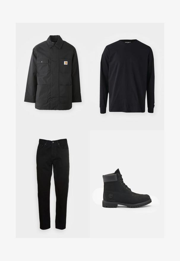 Veste de travail noire en tissu durable, avec un col, fermeture à boutons sur le devant, deux grandes poches et un patch logo sur la poitrine.; T-shirt noir à manches longues en coton, avec un col rond et une coupe droite, présentant un petit logo sur la manche.; Jean slim noir avec fermeture à bouton à l'avant et design à cinq poches, présenté sur un fond gris clair uni.; Bottine en cuir noir avec un embout arrondi, design à lacets à six œillets, col rembourré, semelle texturée et logo Timberland sur le côté.
