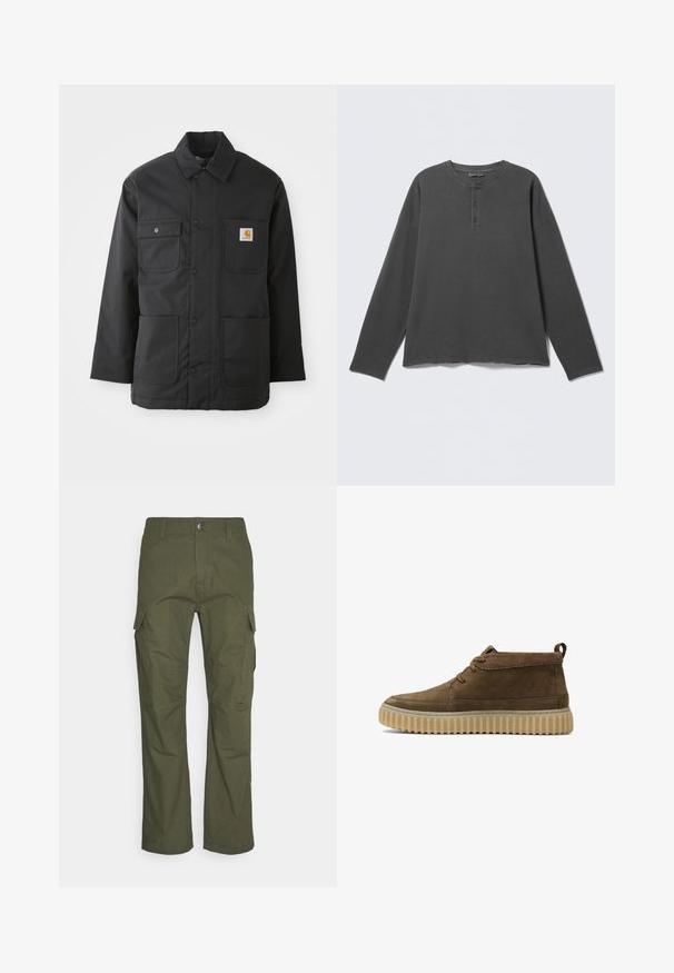 Chaqueta de trabajo negra hecha de un tejido duradero, con cuello, cierre frontal de botones, dos grandes bolsillos y un parche con el logotipo en el pecho.; Camiseta henley de manga larga en gris oscuro con escote redondo y tres botones en la tapeta frontal.; Pantalones cargo en verde oliva oscuro, con múltiples bolsillos laterales, un corte recto y una tela resistente con un acabado texturizado.; Botines de ante marrón con punta redondeada, costuras mínimas y suela de goma gruesa y texturizada. Presenta un diseño de cordones y una pestaña en el talón.