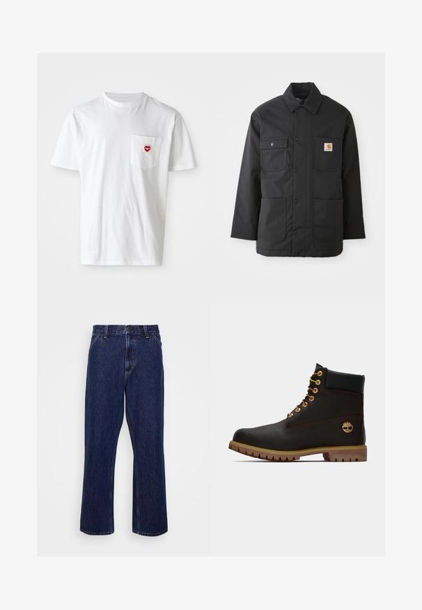 Veste de travail noire en tissu durable, avec un col, fermeture à boutons sur le devant, deux grandes poches et un patch logo sur la poitrine.; T-shirt en coton blanc avec un col rond et des manches courtes. Présente un petit logo en forme de cœur rouge sur la poche gauche de la poitrine.; Jeans en denim bleu foncé avec une coupe droite, dotés d'une fermeture à bouton, d'un style à cinq poches et de détails de couture subtils.; Bottine noire en cuir avec œillets dorés, accents marron et semelle en caoutchouc. Comprend un col rembourré et un logo estampé sur le côté.