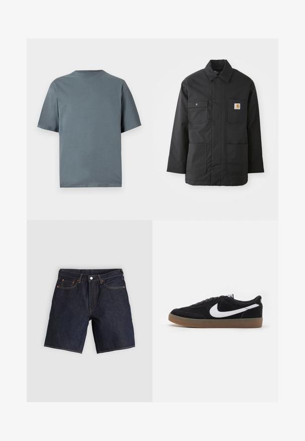 Chaqueta de trabajo negra hecha de un tejido duradero, con cuello, cierre frontal de botones, dos grandes bolsillos y un parche con el logotipo en el pecho.; Camiseta de manga corta en color gris pizarra, confeccionada en tela de algodón suave, con cuello redondo y un corte holgado.; Pantalones cortos de mezclilla oscura con cinco bolsillos, costuras naranjas y un ajuste clásico. La tela tiene una textura suave con un ligero brillo.; Zapatillas de skate de ante negro con el logotipo de Nike en blanco, puntera redonda y suela de goma. Presentan un diseño con cordones planos y un collar acolchado.