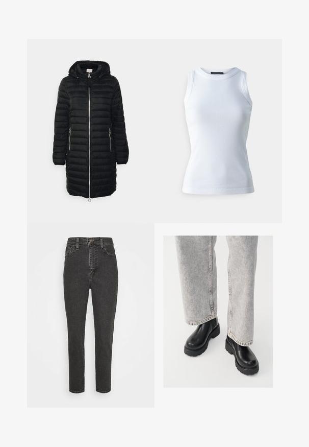 Schwarze gepolsterte Jacke mit Kapuze, Frontreißverschluss, zwei seitlichen Reißverschlusstaschen und einem mittellangen Design mit vertikalen gesteppten Linien.; Weißes ärmelloses Oberteil aus geripptem Stoff, mit rundem Halsausschnitt und figurbetonter Silhouette. Glatte Textur, keine sichtbaren Muster oder Akzente.; Schwarze, hoch geschnittene Denim-Jeans mit Slim Fit, versehen mit einem Knopfverschluss, Gürtelschlaufen und klassischem Fünf-Taschen-Design.; Vagabond COSMO - Plateaustiefelette - black