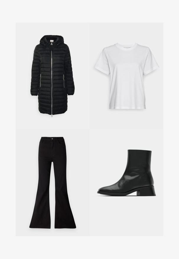 Schwarze gepolsterte Jacke mit Kapuze, Frontreißverschluss, zwei seitlichen Reißverschlusstaschen und einem mittellangen Design mit vertikalen gesteppten Linien.; Weißes Baumwoll-T-Shirt mit kurzen Ärmeln, Rundhalsausschnitt und lässigem Schnitt. Glatte Textur, keine Muster oder Grafiken, einfaches Design.; Schwarze weite Jeans aus Denim, mit hoher Taille, Fronttaschen und einer großen Öffnung am Hosenbund für eineweite Beinform.; Schwarze Ankle Boots aus glänzendem Leder, mit einem eleganten Design, spitzer Zehenpartie und einem moderaten Blockabsatz für Stabilität.