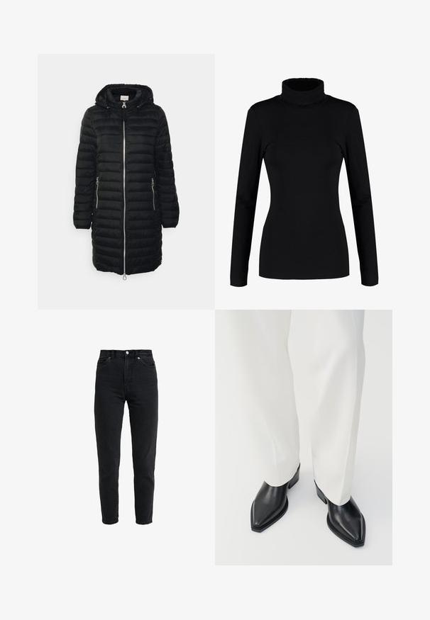 Schwarze gepolsterte Jacke mit Kapuze, Frontreißverschluss, zwei seitlichen Reißverschlusstaschen und einem mittellangen Design mit vertikalen gesteppten Linien.; Schwarz, langärmliges Rollkragenoberteil aus weichem, dehnbarem Stoff mit enger Silhouette und hohem Kragen. Keine Muster oder Verzierungen.; Schwarze Jeans mit hoher Taille, vorderem Knopf und Reißverschluss, zwei vorderen Taschen und einem verjüngten Bein auf weißem Hintergrund.; Schwarze spitz zulaufende Stiefeletten aus glattem Leder mit flachen Blockabsätzen, kombiniert mit weißen, weiten Hosen. Schlichtes und modernes Design.