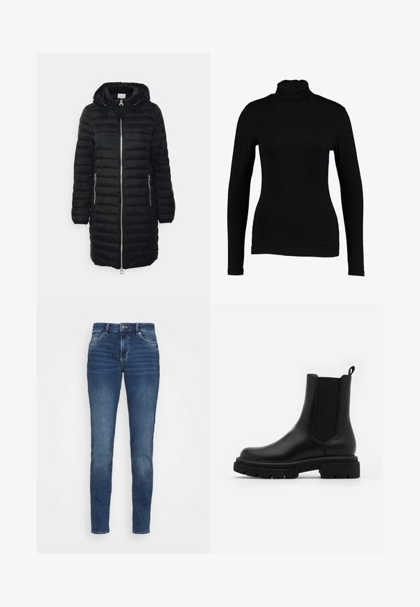 Zwarte gewatteerde jas met een capuchon, ritssluiting aan de voorkant, twee ritszakken aan de zijkant en een middenlange uitvoering met verticale gestikte lijnen.; Zwart lange mouw turtleneck top van gladde stof, met een aansluitend ontwerp en hoge hals, geschikt voor layering of als standalone kleding.; Donkerblauwe denim jeans met een getailleerd ontwerp, vijf zakken, lichte vervaging aan de voorkant en metalen beslag op de tailleband en zakken.; Zwarte leren Chelsea boots hebben een gladde oppervlakte, elastische zijpanelen, een trekhaak en een chunky rubberen zool met een gestructureerd profiel.