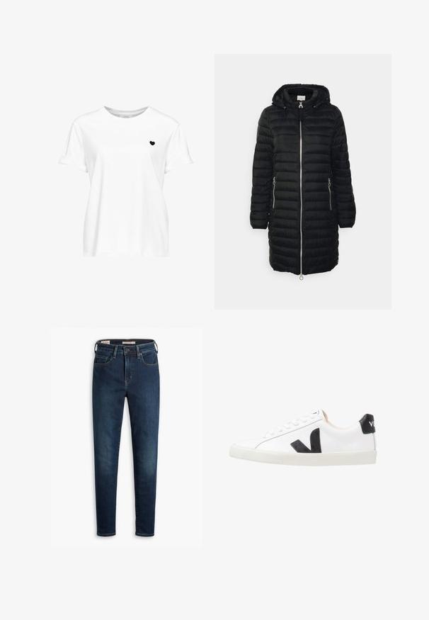 Manteau rembourré noir avec capuche, fermeture éclair à l'avant, deux poches latérales zippées et une coupe mi-longue avec des lignes de quilting verticales.; T-shirt blanc à manches courtes avec un petit motif cœur noir sur la poitrine gauche et un col rond.; Jean en denim bleu foncé avec une coupe slim, comportant cinq poches, une fermeture à bouton standard et un léger effet délavé à l'avant.; Baskets blanches avec un logo V noir, présentant un dessus en cuir lisse, un bout rond, un système de laçage et un empiècement au talon noir contrastant.