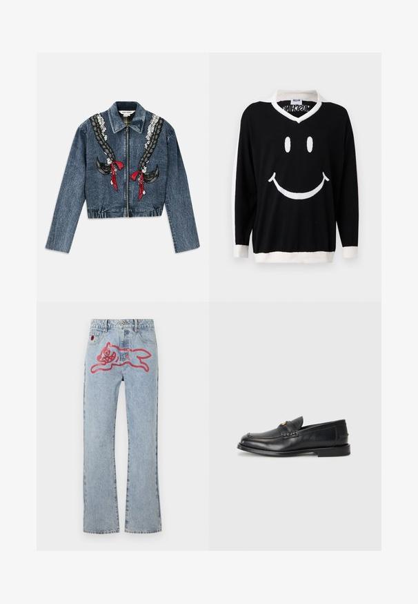 Denimjakke med lynlås foran, prydet med broderede fletninger og røde bånd på brystet. Korte ærmer, struktureret krave og elastisk kant.; Sort langærmet sweater med hvid krave, manchetter og kant, der har et stort hvidt smilende ansigt på forsiden.; Lyseblå denimjeans med lige ben, med et stort rød, tegneserieagtigt kattegrafik på bagsiden og traditionel fem-lomme styling.; Sorte læder loafers har en afrundet tå, syede detaljer og en lille gylden accent foran. Sålen er flad og diskret.