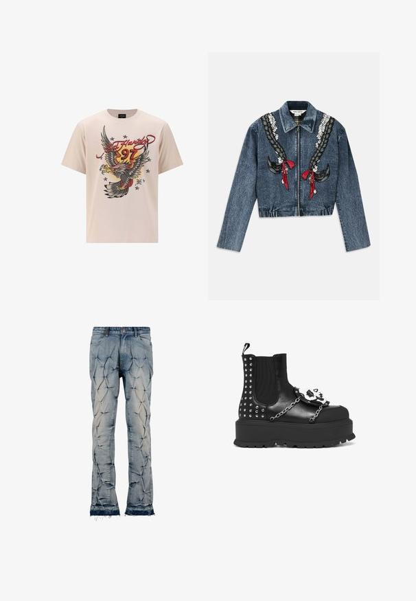 Denimjakke med lynlås foran, prydet med broderede fletninger og røde bånd på brystet. Korte ærmer, struktureret krave og elastisk kant.; Beige bomulds t-shirt med et stort ørnergrafik med røde og gule accenter, "Ed Hardy" tekst og stjerner i et struktureret printdesign.; Lyseblå denimjeans med en quiltet struktur og stjernemønster, oprevet kant og fem lomme-design med metalhardware.; Sort platformstøvle med sølvnitter, kædedetaljer og en hvid kranie dekoration på frontpanelet.