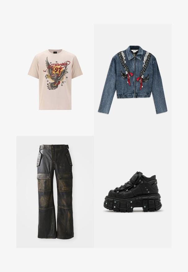 Denimjakke med lynlås foran, prydet med broderede fletninger og røde bånd på brystet. Korte ærmer, struktureret krave og elastisk kant.; Beige bomulds t-shirt med et stort ørnergrafik med røde og gule accenter, "Ed Hardy" tekst og stjerner i et struktureret printdesign.; Sorte læder cargo bukser med en slidt tekstur, der har store sidelommer, høj talje og kontrasterende syninger langs sømmene.; Sorte læder høj-top sneakers med en tykk gummisål, snørebåndsdesign, polstret krave og metal accenter. Har en mønstret sål for godt greb.