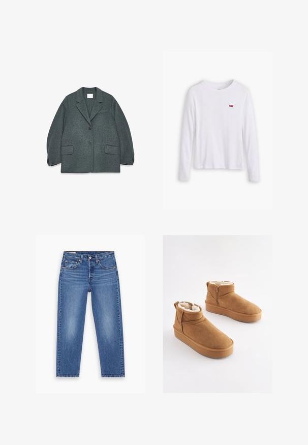 Mørkegrå uldblandingsblazer med notched krave, to frontlommer og to knapper. Glat tekstur med en let oversized pasform.; Hvid langærmet skjorte lavet af blødt bomuld. Har et lille rødt Levi's logo på venstre bryst. Klassisk crew neck design.; Blå højtaljede lige ben jeans med frontknap, lynlås og fem-lomme design, vist fladt på en hvid baggrund.; Lysebrune ankelstøvler i ruskind med imiteret pelsforing, flad platformssål og lynlås i siden for nem påtagning. Har rundet tå og minimal syning.