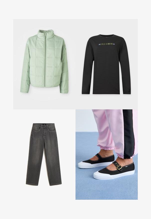 Lichtgroene, gewatteerde pufferjack met een hoge kraag en volledige rits aan de voorkant. Glad textuur en elastische manchetten; minimale branding op de mouw.; Zwart shirt met lange mouwen met tekst "Billabong" in geelgroen en twee blauwe sterren aan weerszijden over de borst.; Grijze wijde jeans van denim. Heeft vijf zakken, een sluiting met een knoop en ritssluiting aan de voorkant, en subtiele vervaging op de stof.; Zwarte canvas schoenen met een witte zool, met een uitgesneden ontwerp en een gouden gespband. Draagt met roze joggingsbroek.